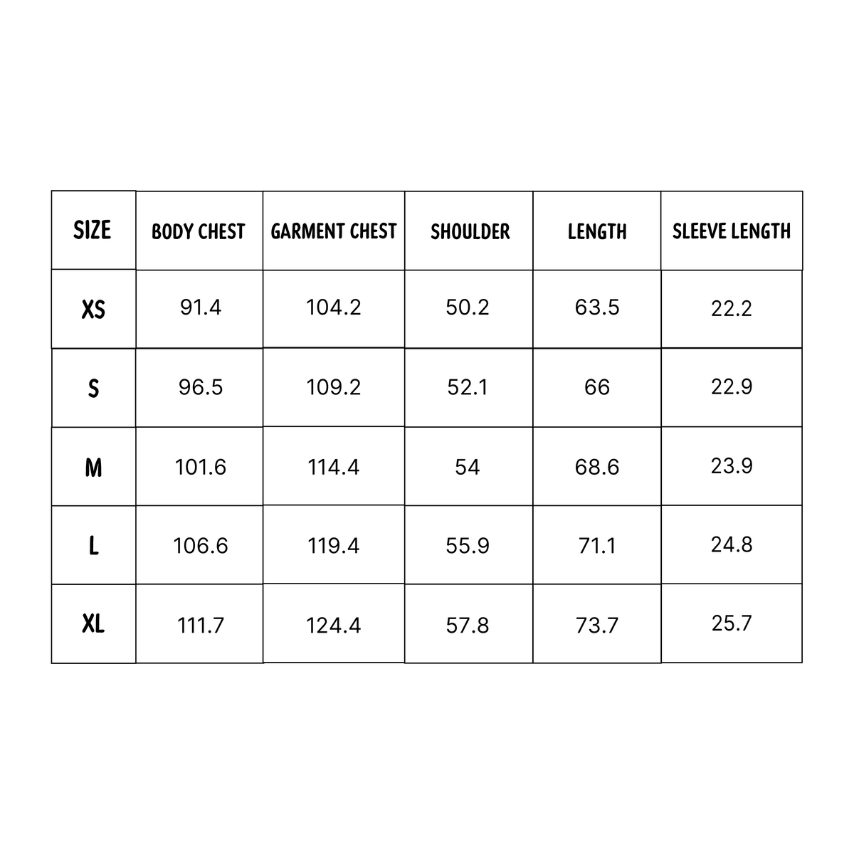 Men's size chart in CM