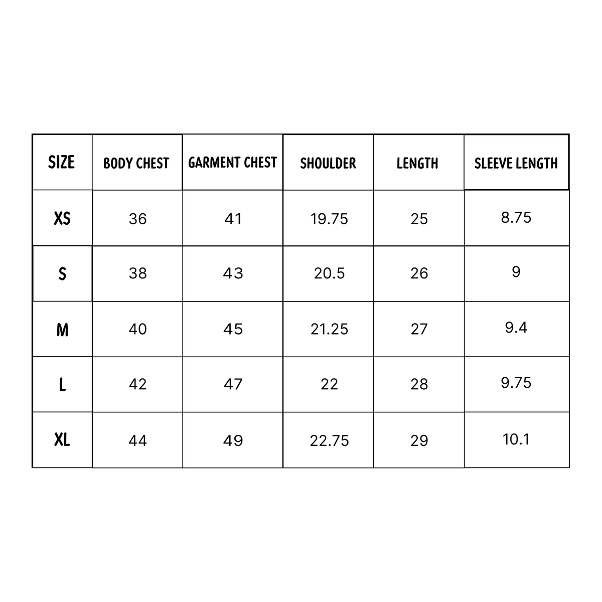 Men's size chart in Inches