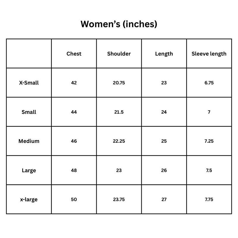 Women's size chart in Inches