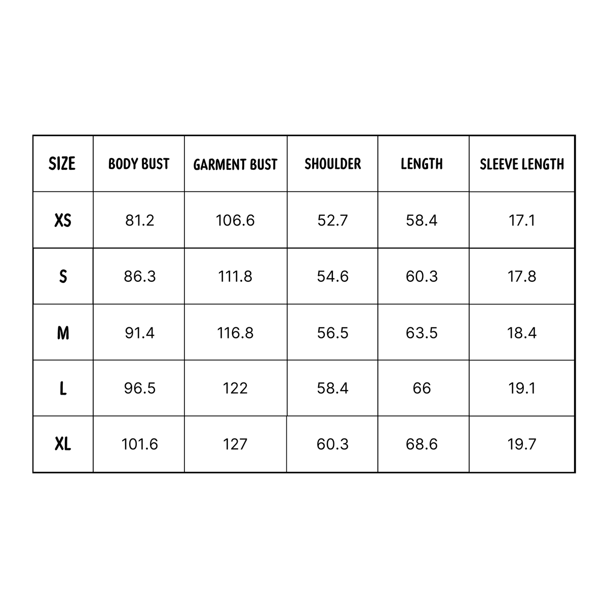 Women's size chart in CM