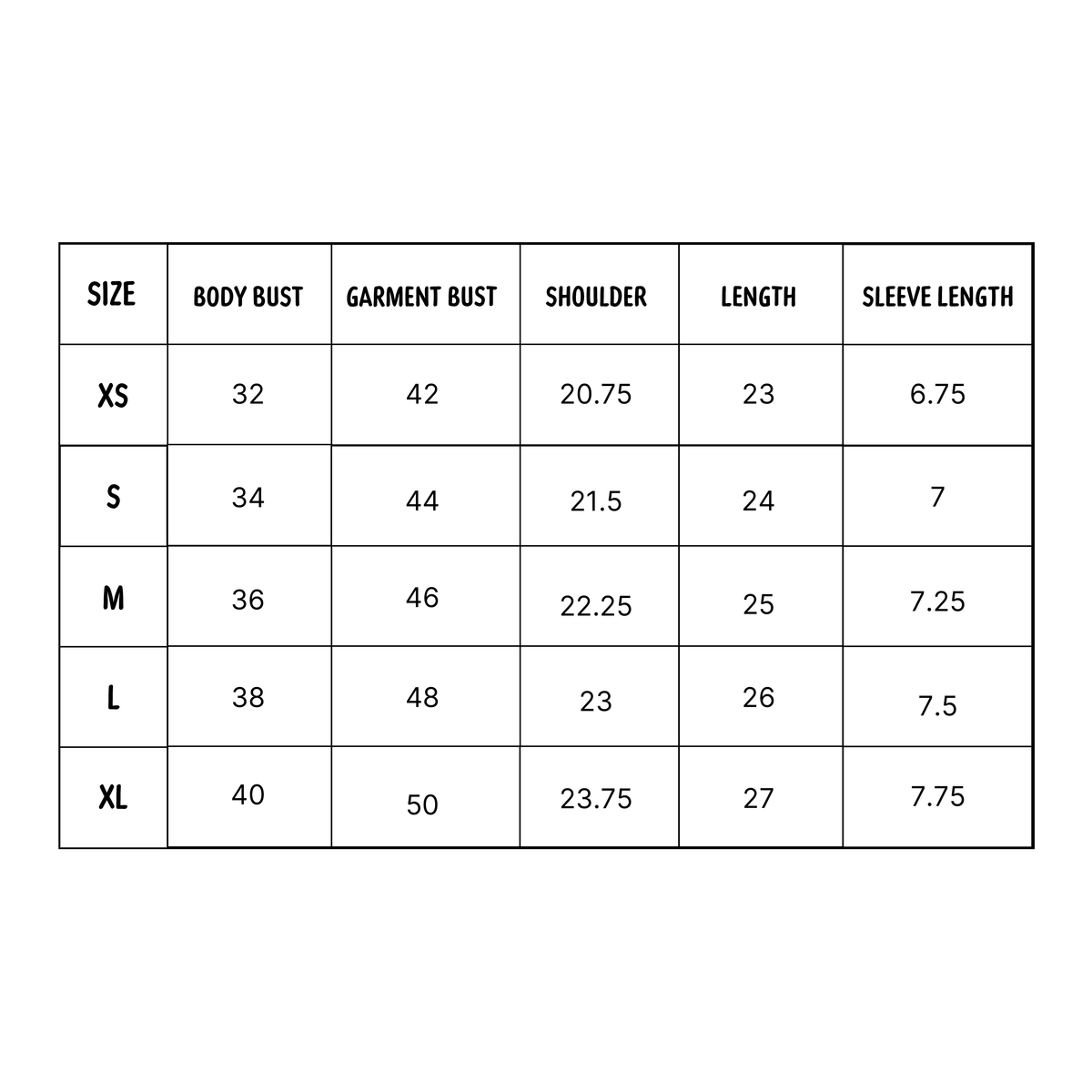 Women's size chart in Inches